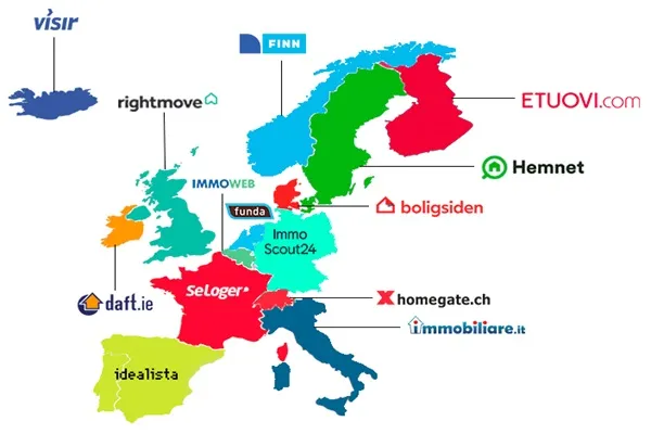 Evropské země s logem předního realitního webu